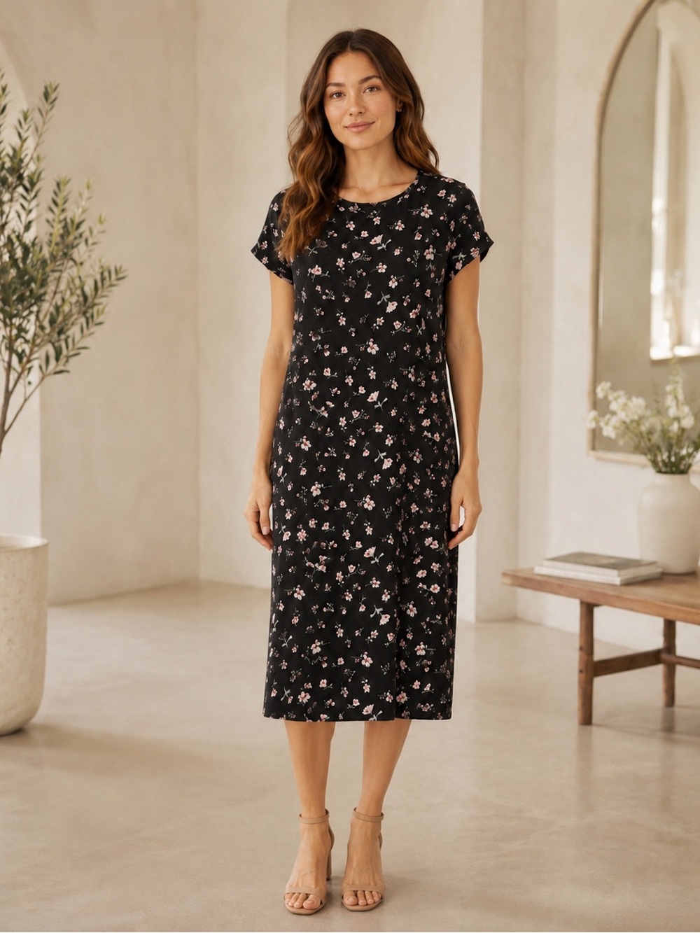 Daily Black Floral Midi Dress Size Large
